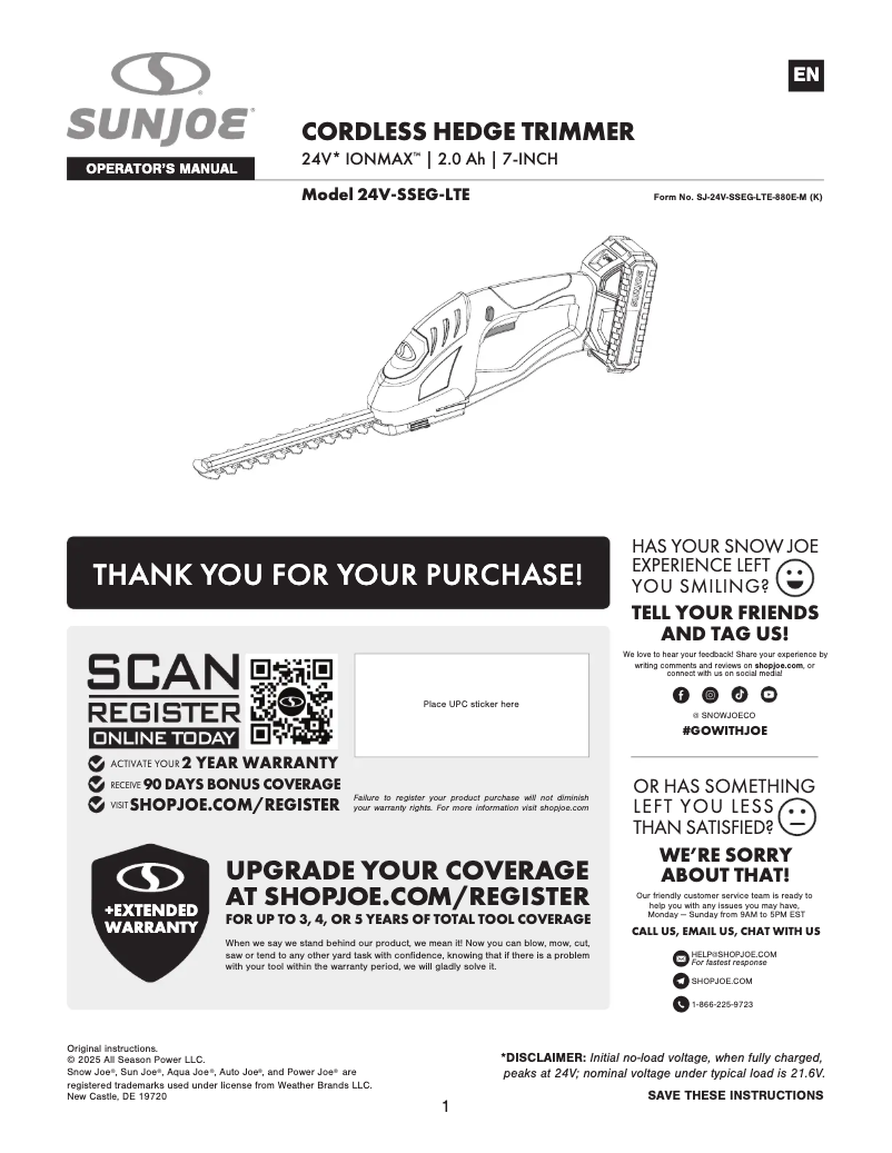 Page 1 de la notice Manuel utilisateur Sun Joe 24V-SSEG-LTE