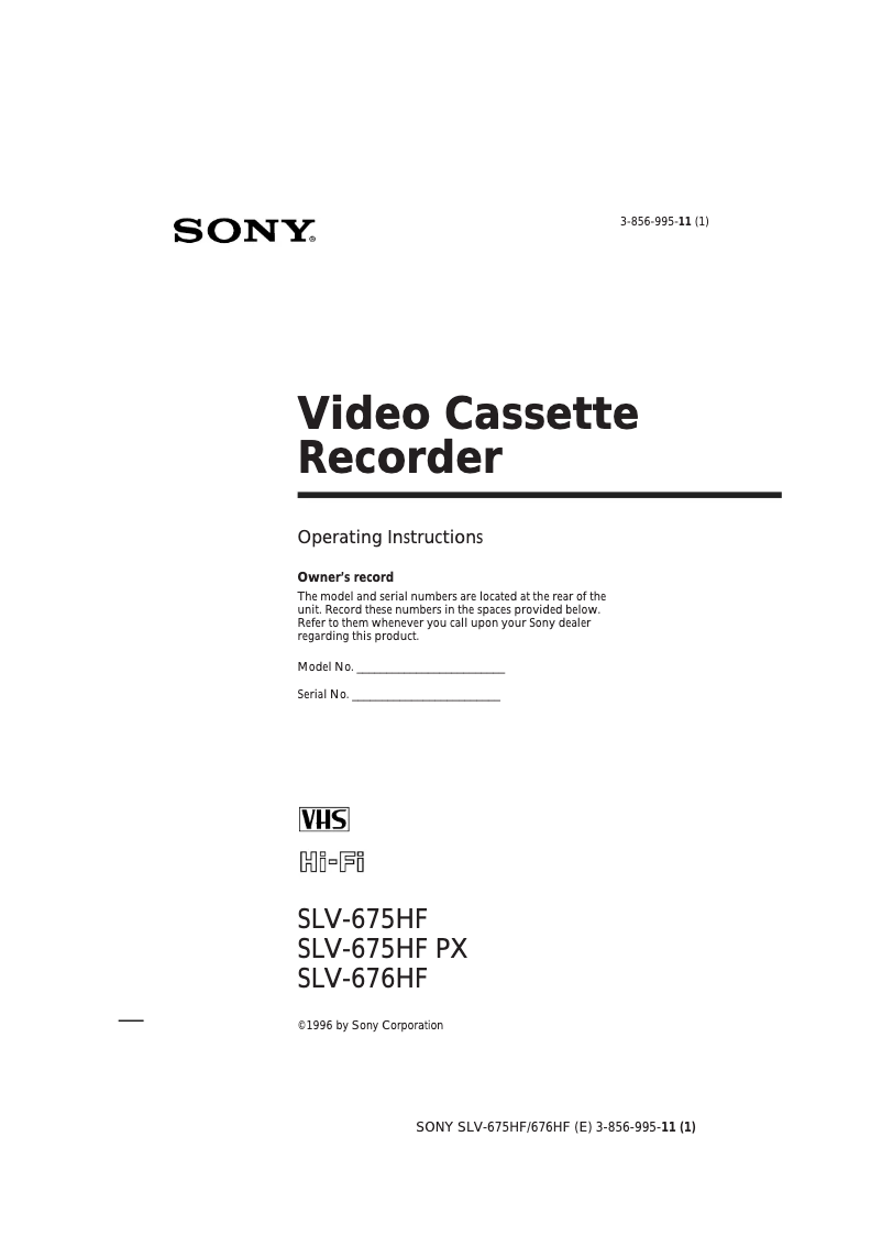 Page n°1 - Manuel utilisateur Sony SLV-675HF PX