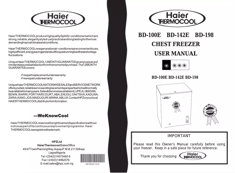 Page 1 de la notice Manuel utilisateur Haier-Thermocool BD-142E