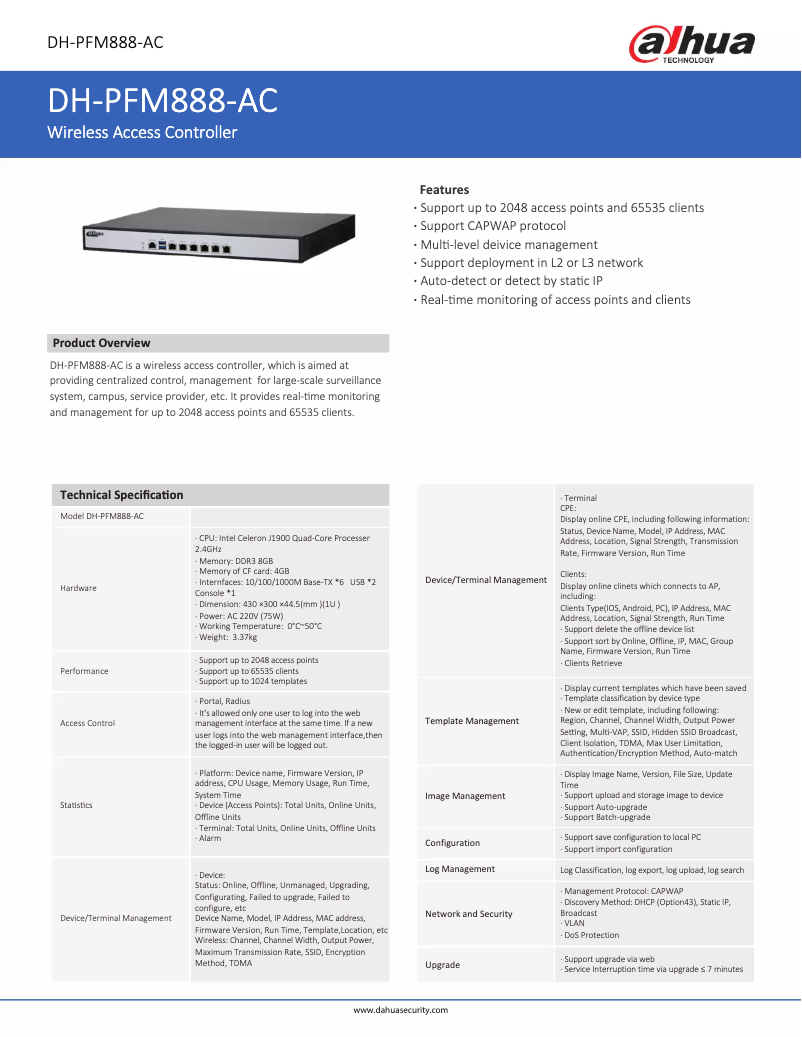 Page 1 de la notice Fiche technique Dahua Technology PFM888-AC