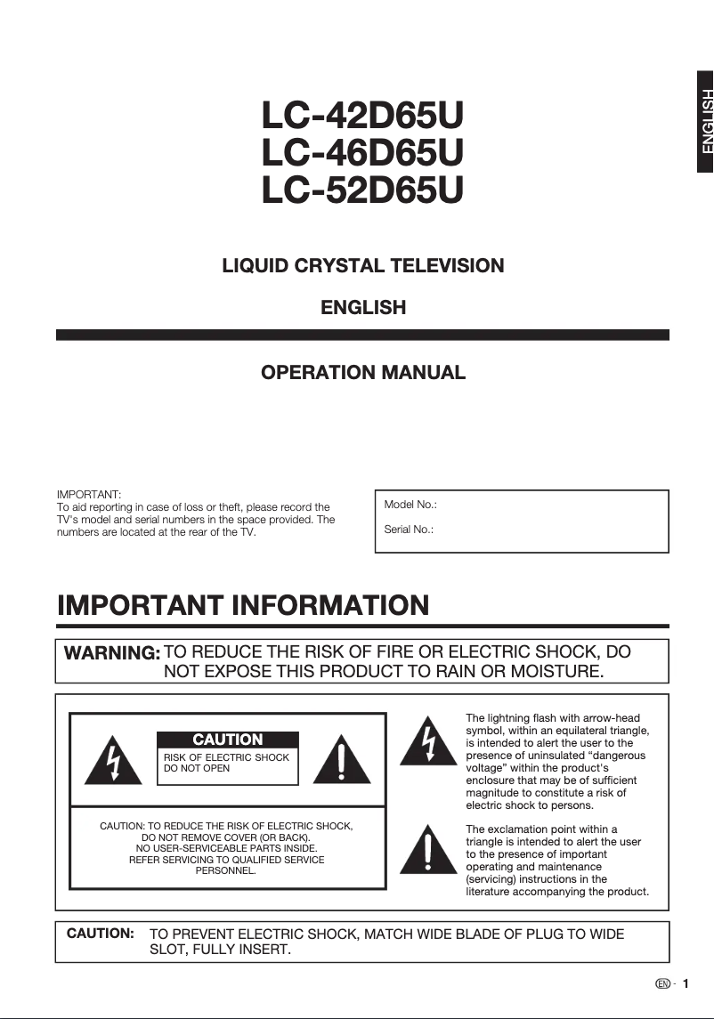 Page 1 de la notice Manuel utilisateur Sharp LC-52D65U