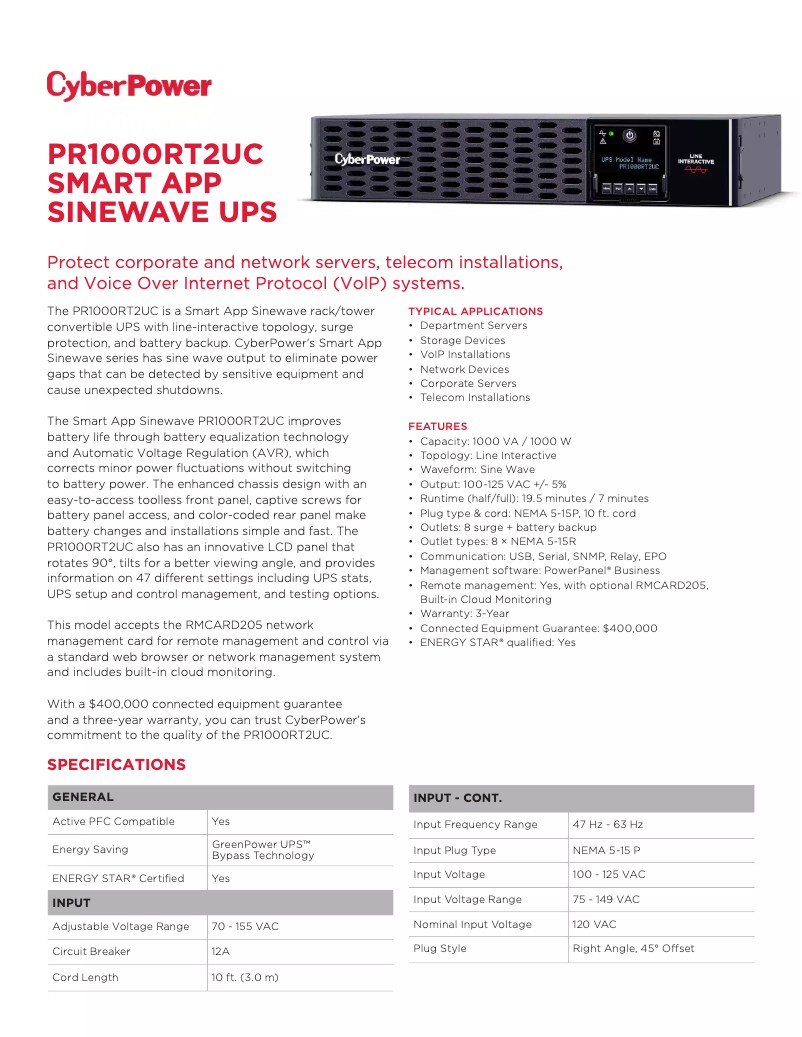Page 1 de la notice Fiche technique CyberPower PR1000RT2UC