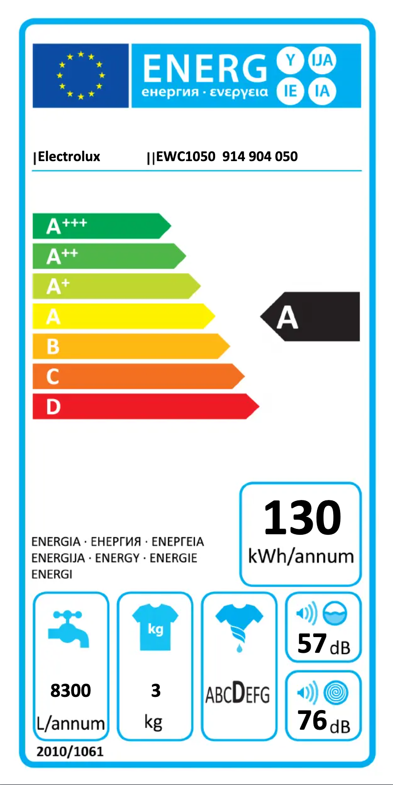 Page n°1 - Label énergétique Electrolux EWC1050