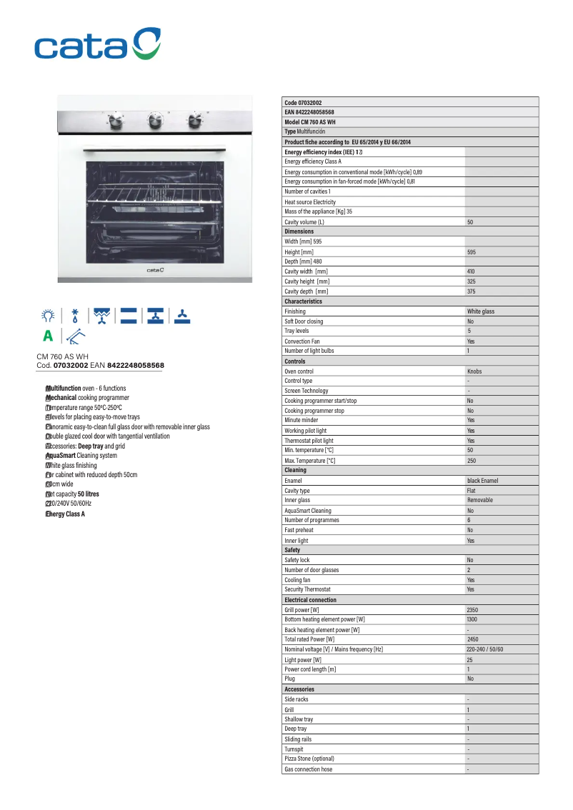 Page 1 de la notice Fiche technique CATA CM 760 AS WH
