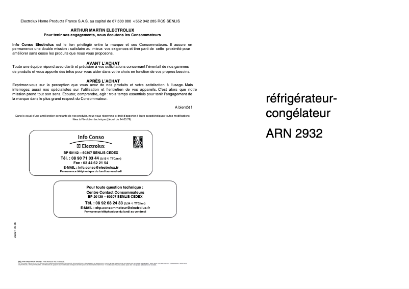 Page n°1 - Manuel utilisateur Arthur Martin-Electrolux ARN2932