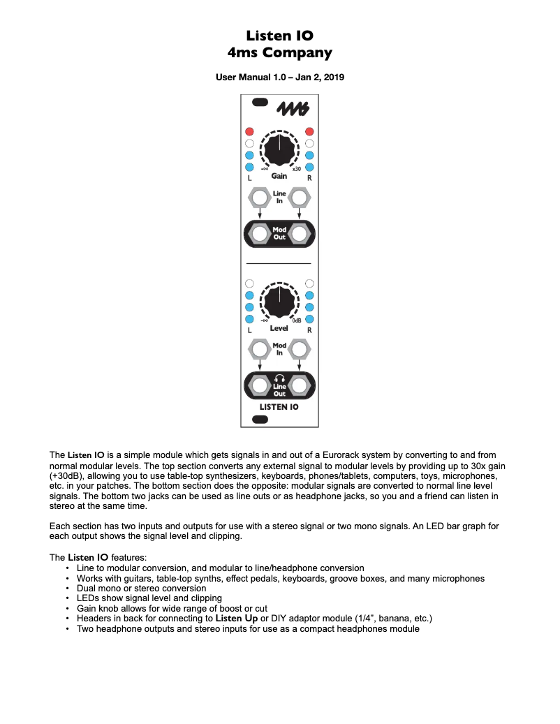 Page 1 de la notice Manuel utilisateur 4ms Listen IO