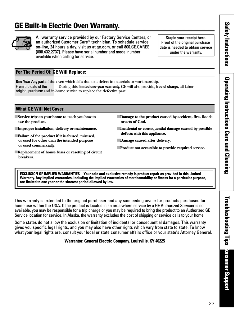 Página 1 del manual Información de garantía GE JB256DMWW