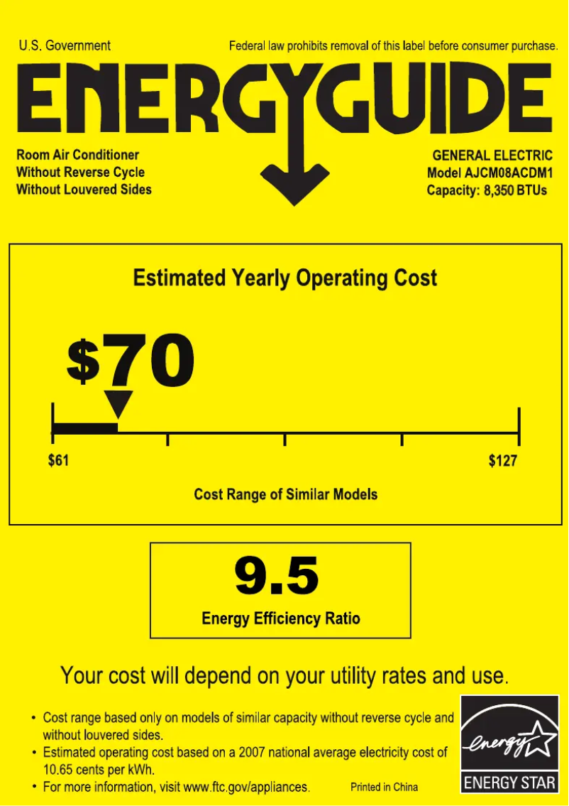Page n°1 - Label énergétique GE AJCM08ACD