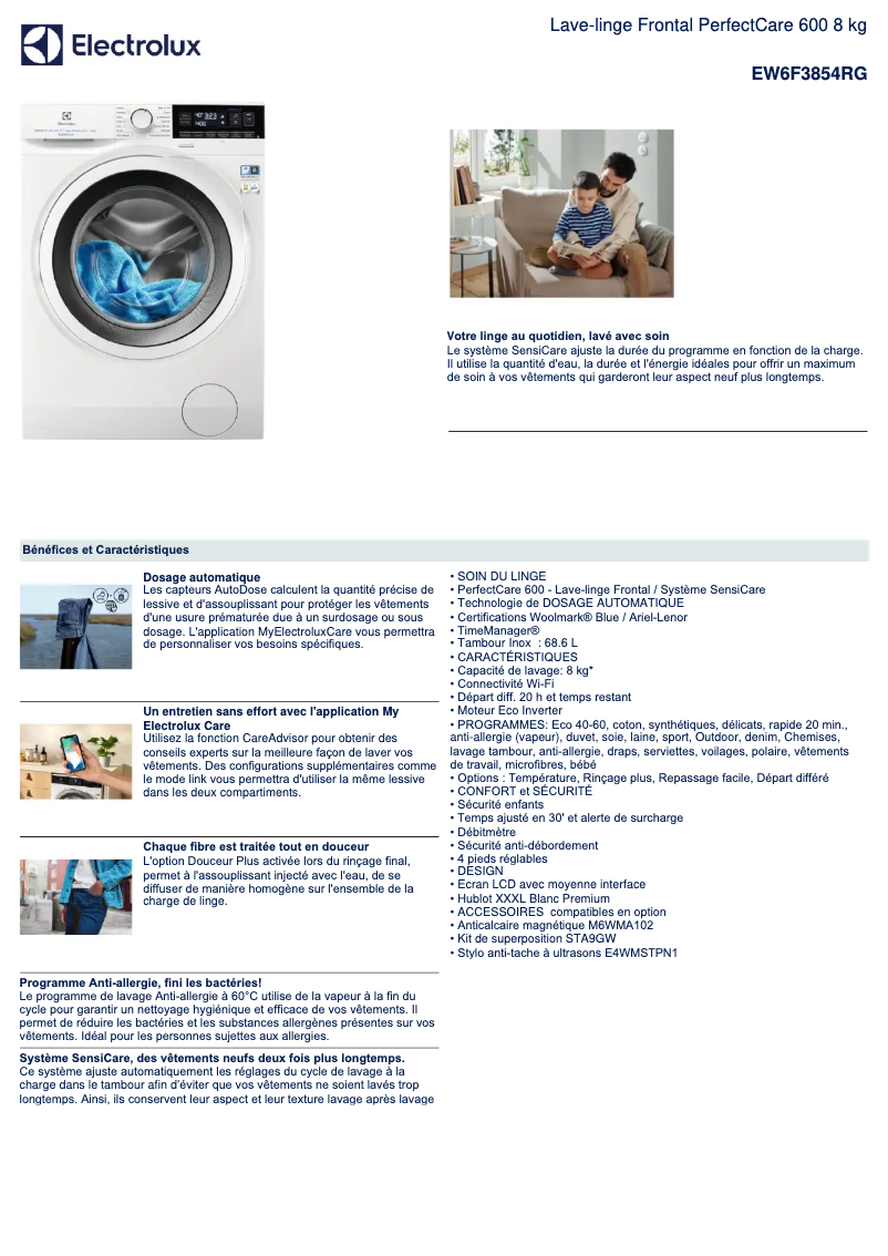 Page 1 de la notice Fiche technique Electrolux EW6F3854RG
