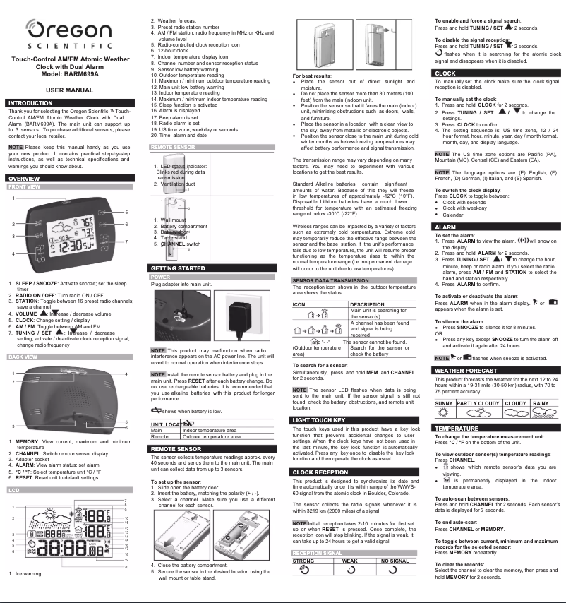 Page n°1 - Manuel utilisateur Oregon Scientific BARM699A