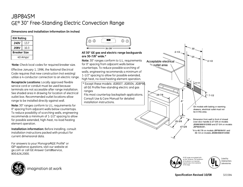 Página 1 del manual Ficha técnica GE JBP84SMSS