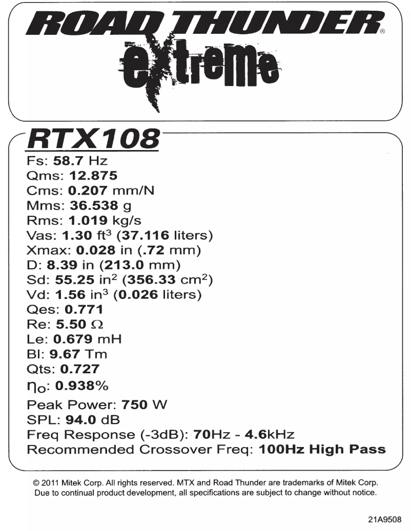 Page 1 de la notice Manuel utilisateur MTX Audio Road Thunder Extreme RTX108