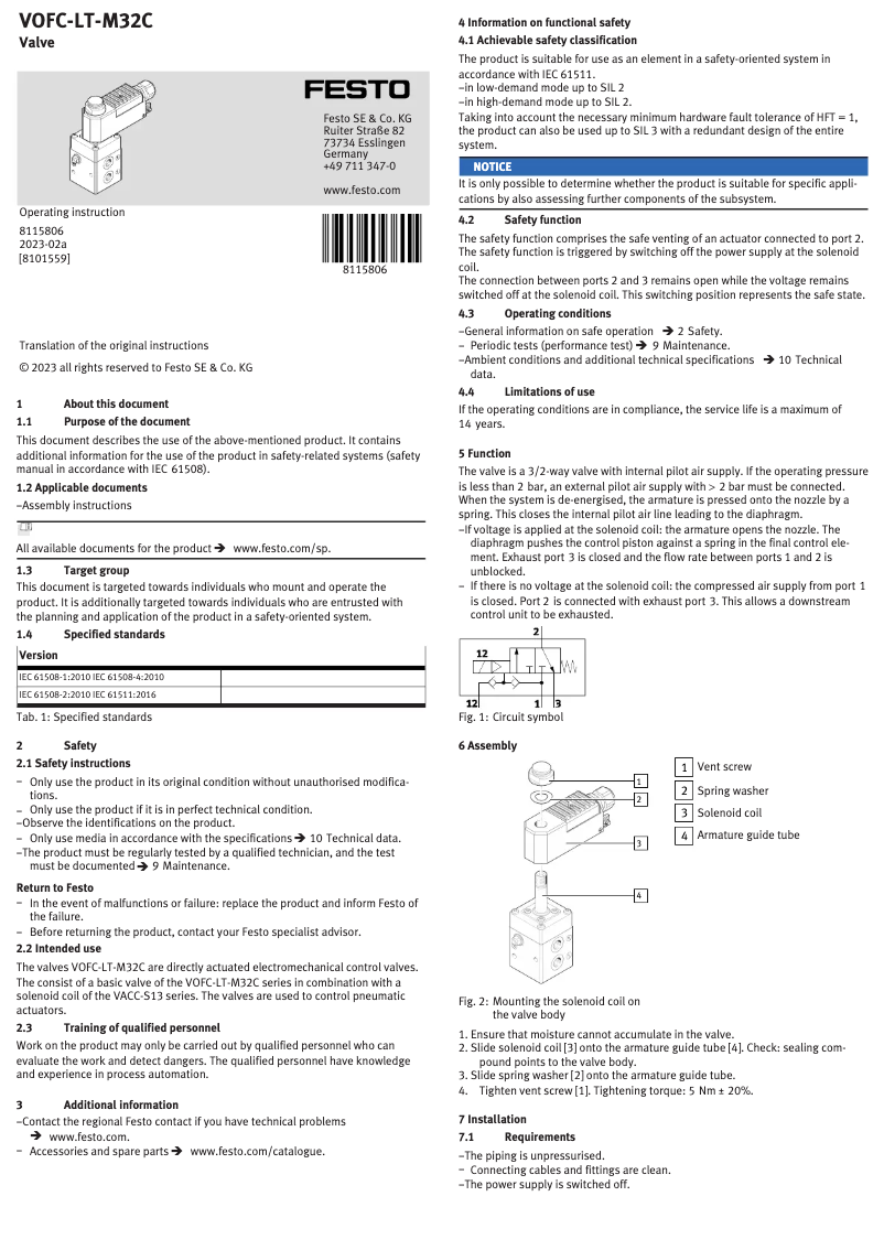 Page 1 de la notice Manuel utilisateur Festo VOFC-LT-M32C