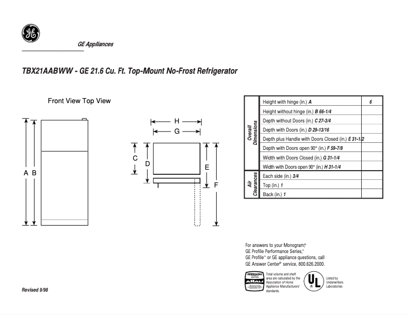 Page 1 de la notice Fiche technique GE TBX21AABWW
