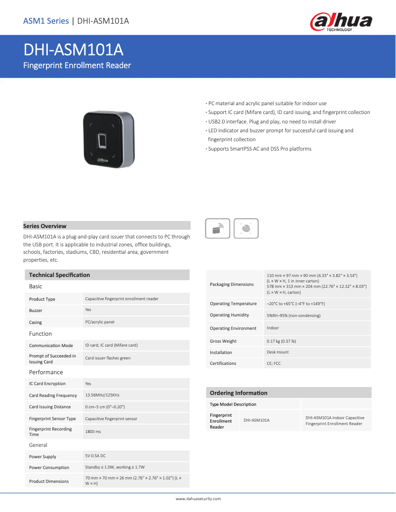 Page 1 de la notice Fiche technique Dahua Technology ASM101A
