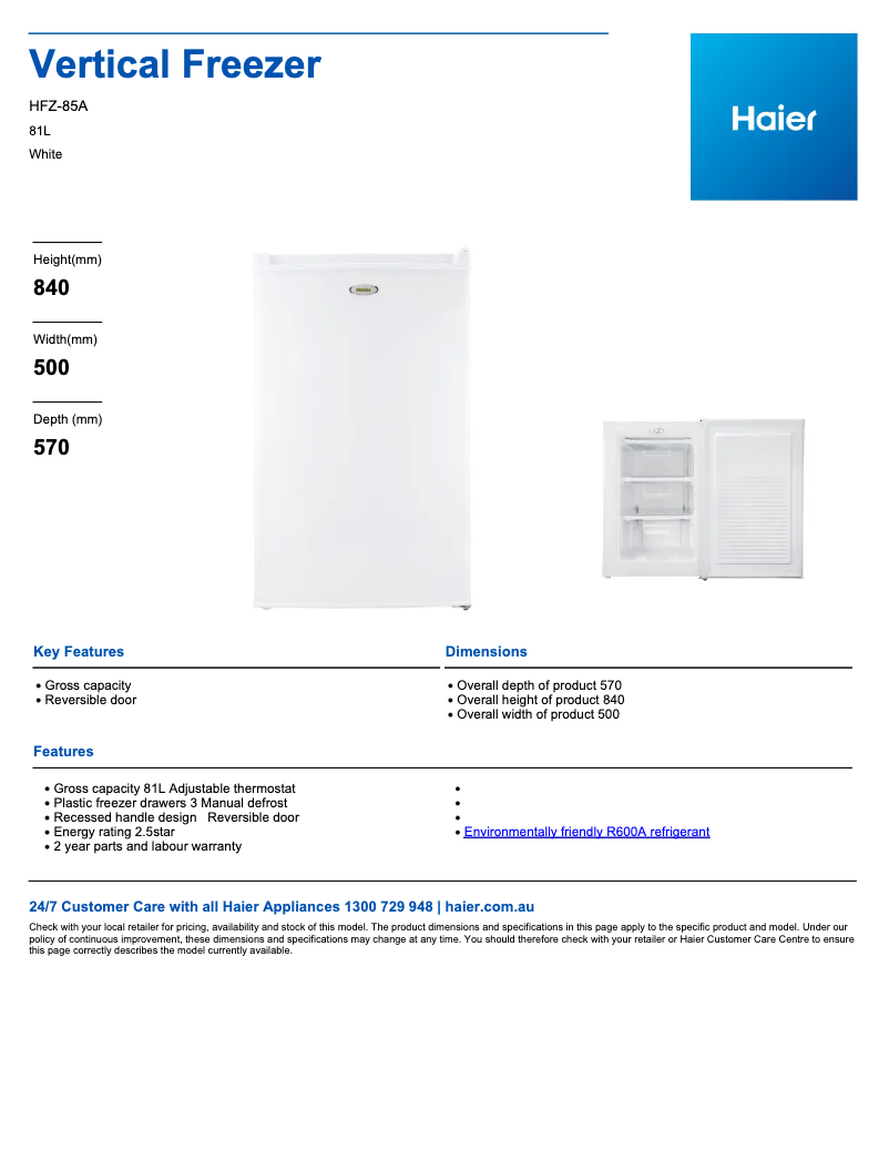 Page 1 de la notice Fiche technique Haier HFZ-85A