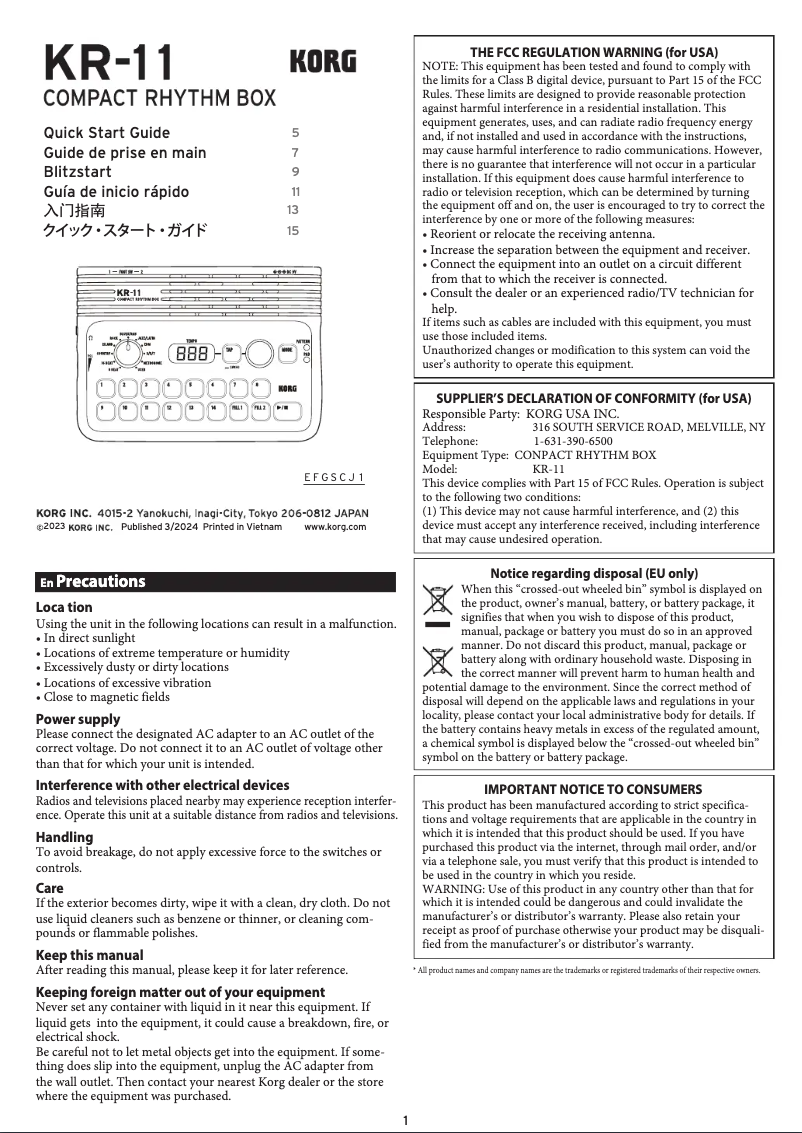Page n°1 - Guide de démarrage rapide Korg KR-11