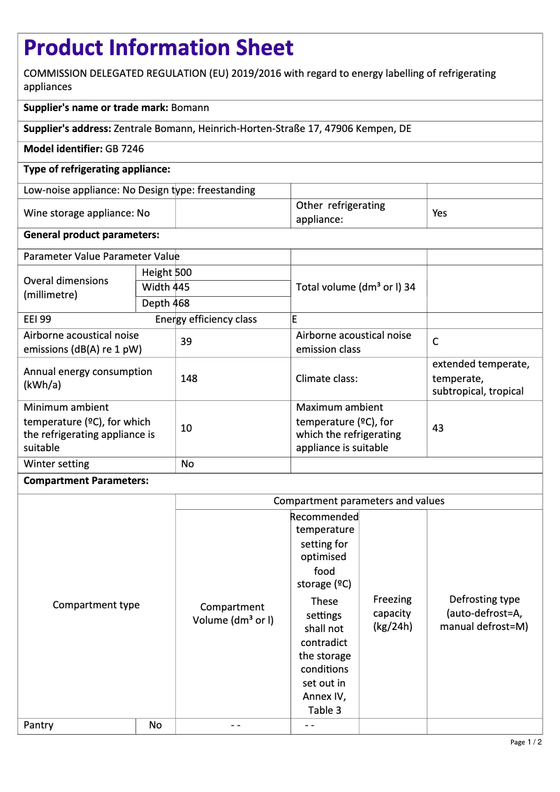 Page 1 de la notice Fiche technique Bomann GB 7246