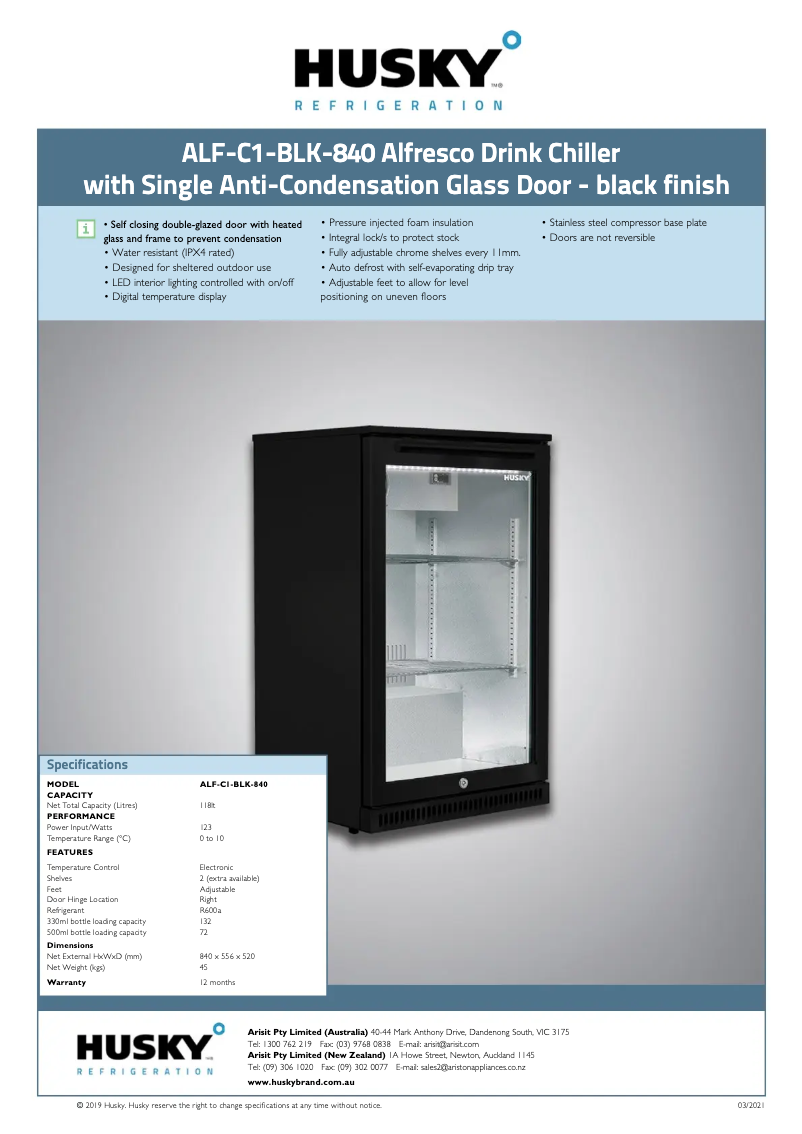 Page 1 de la notice Fiche technique Husky ALF-C1-BLK-840