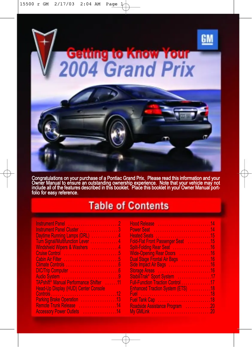 Page n°1 - Guide de démarrage rapide Pontiac Grand Am (2004)