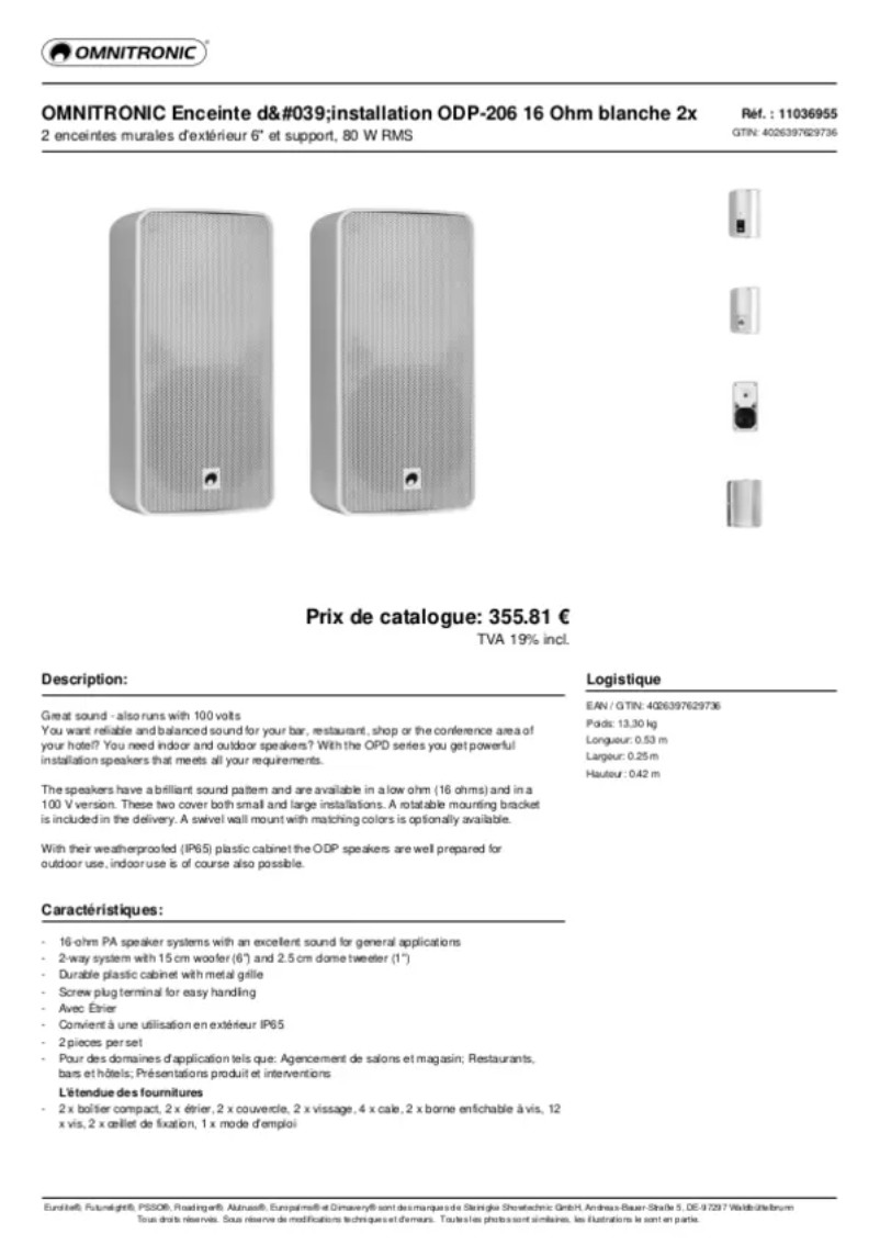 Page n°1 - Fiche technique Omnitronic ODP-206
