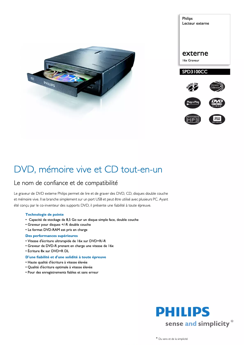 Page n°1 - Fiche technique Philips SPD3100CC