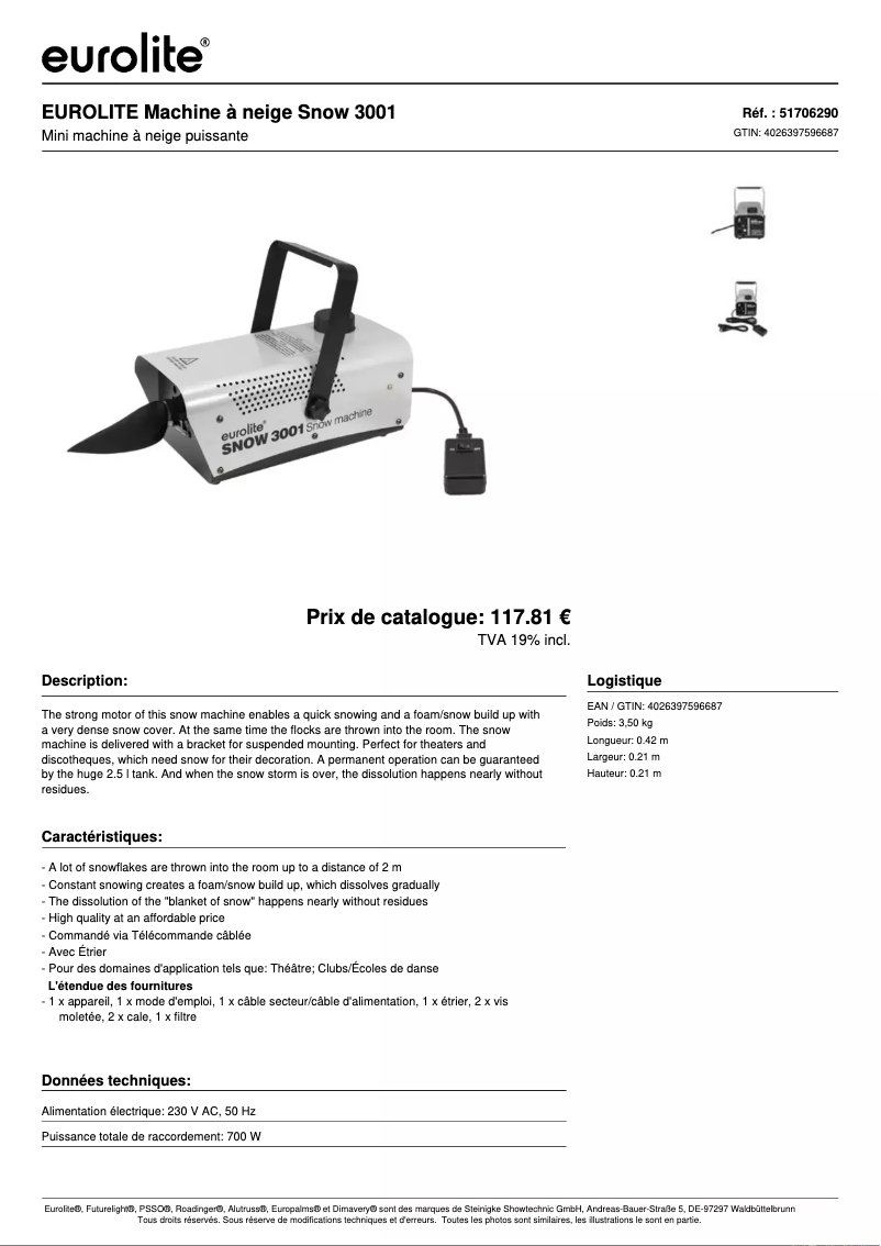 Page 1 de la notice Fiche technique Eurolite Snow 3001