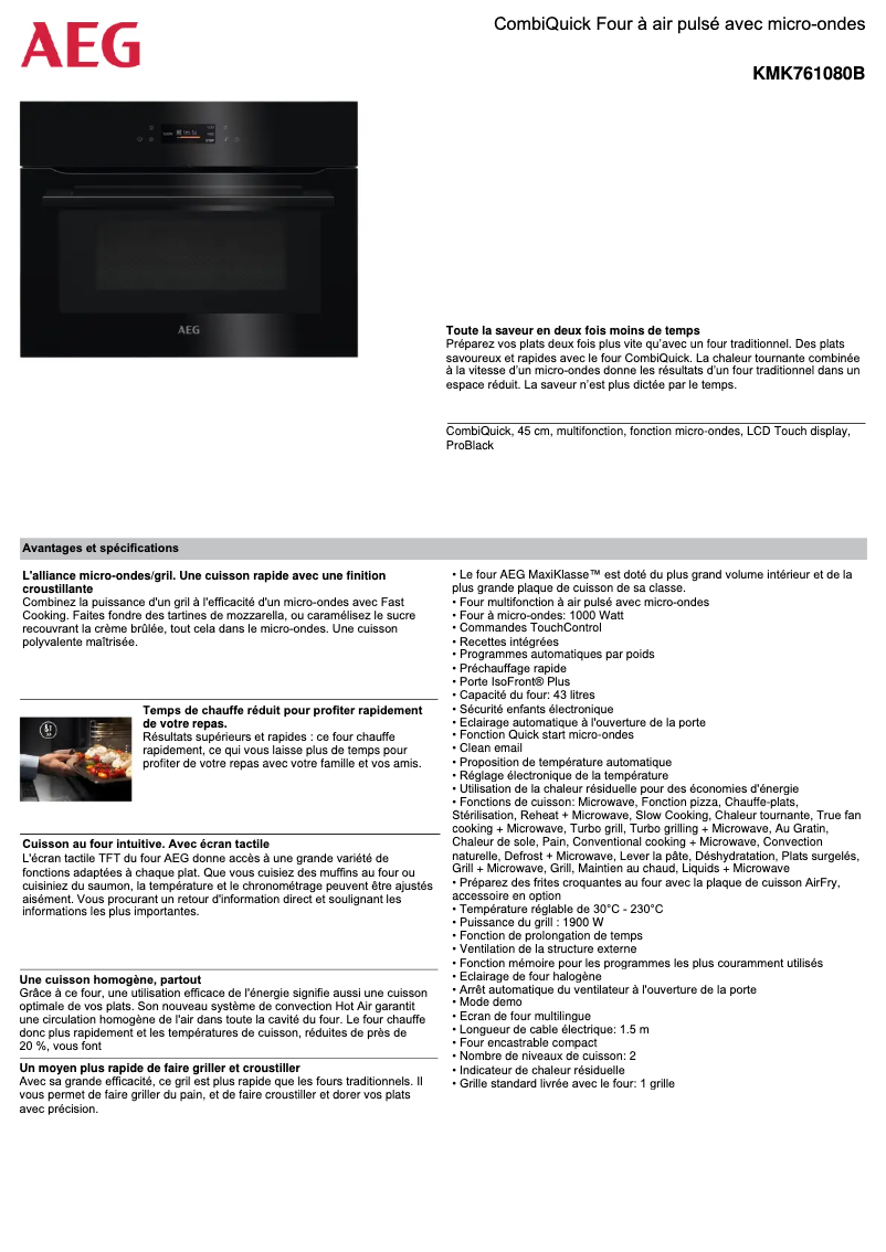Page 1 de la notice Fiche technique AEG KMK761080B