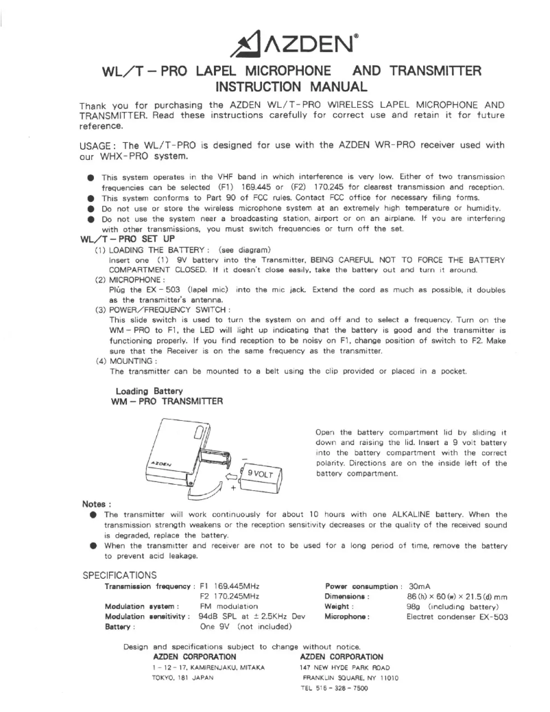 Page 1 de la notice Manuel utilisateur Azden WLX-PRO + I