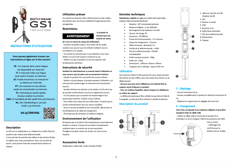Page n°1 - Manuel utilisateur GoXtreme Selfie Gimbal GS1