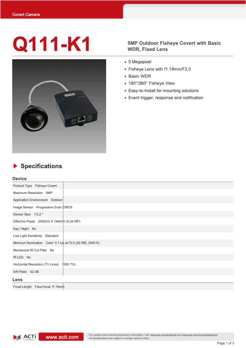 Page n°1 - Fiche technique ACTi Q111-K1