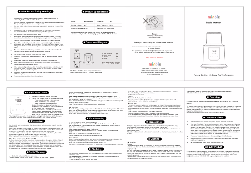 Page 1 de la notice Manuel utilisateur Minbie Bottle Warmer