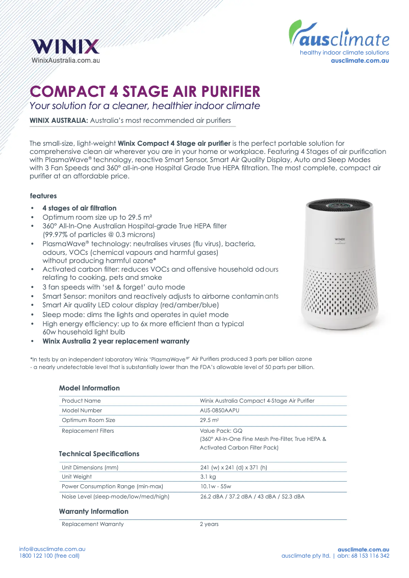 Page 1 de la notice Fiche technique Winix AUS-1250A850