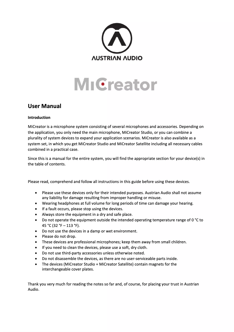Page n°1 - Manuel utilisateur Austrian Audio MiCreator