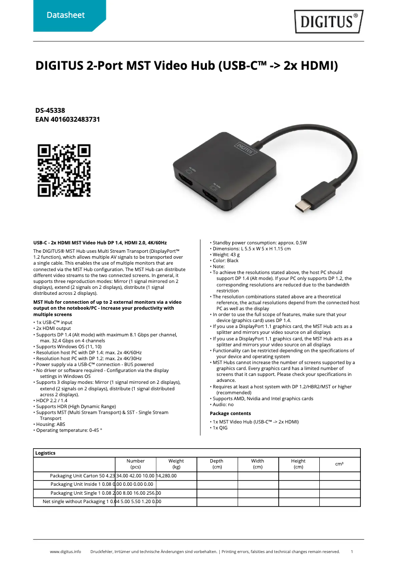Page 1 de la notice Fiche technique Digitus DS-45338
