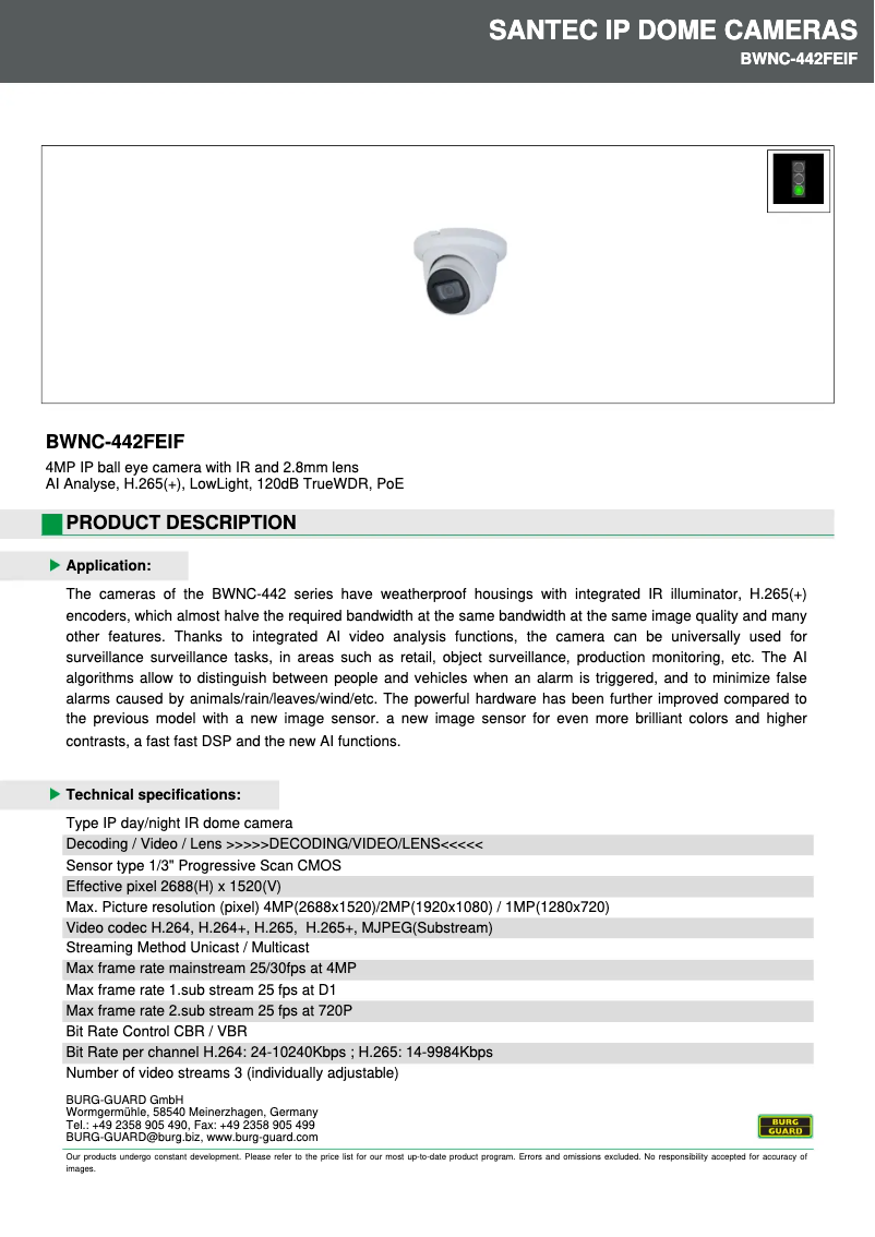 Page 1 de la notice Fiche technique Burg Wächter BWNC-442FEIF