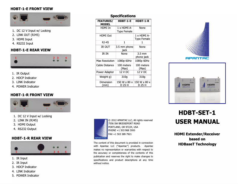 Page n°1 - Manuel utilisateur Apantac HDBT-SET-1
