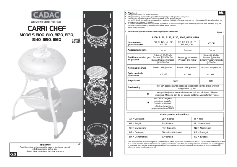 Page 1 de la notice Manuel utilisateur Cadac Carri Chef 8150