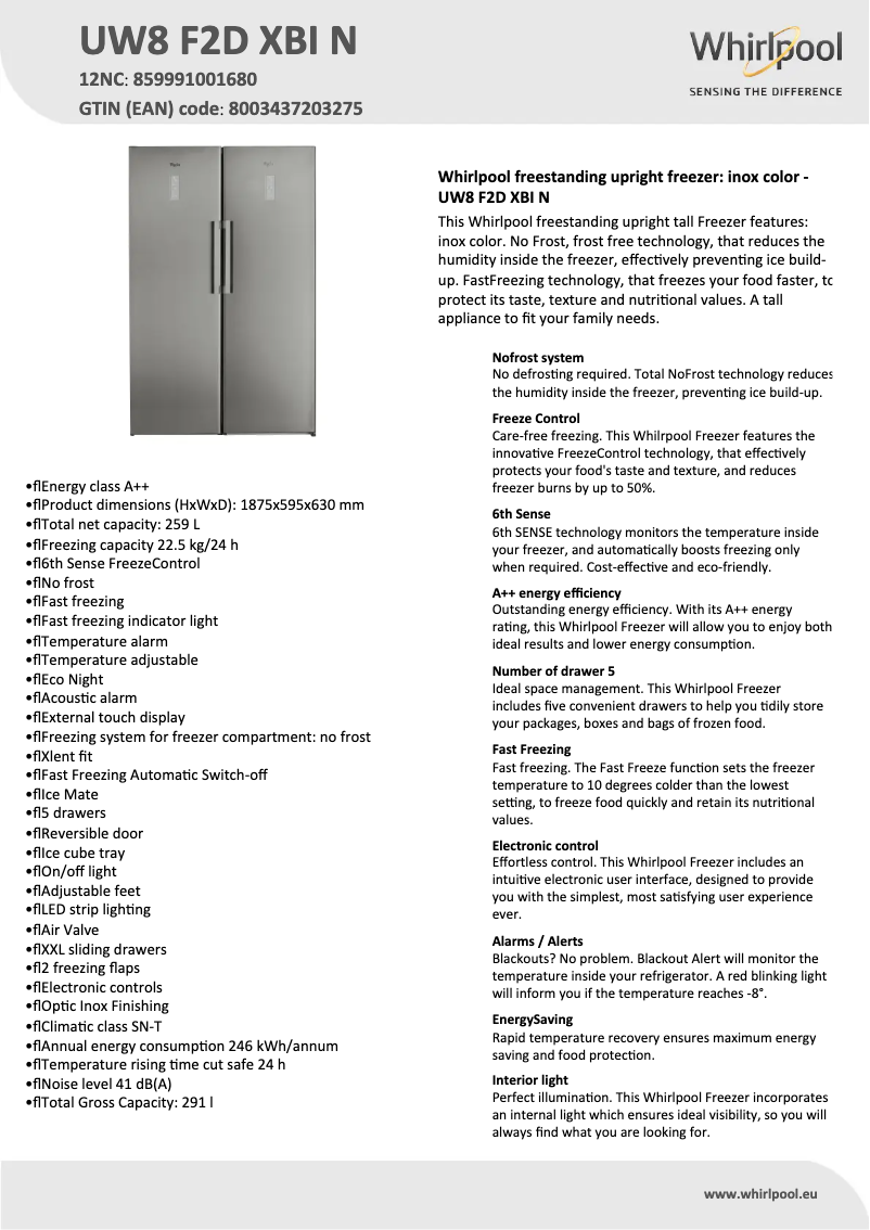 Page n°1 - Fiche technique Whirlpool UW8 F2D XBI N