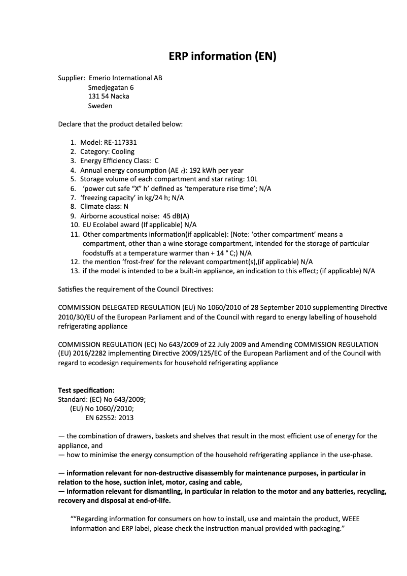 Page 1 de la notice Fiche technique Emerio RE-117331