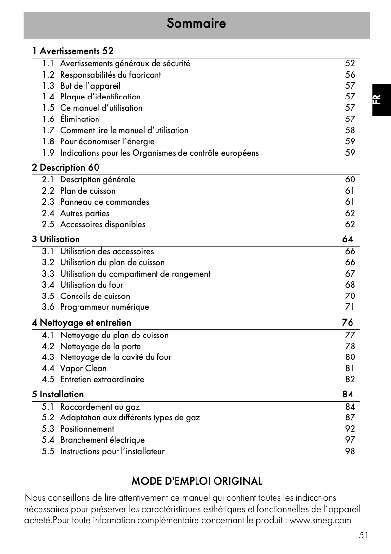 Page 1 de la notice Manuel utilisateur Smeg CG90N2