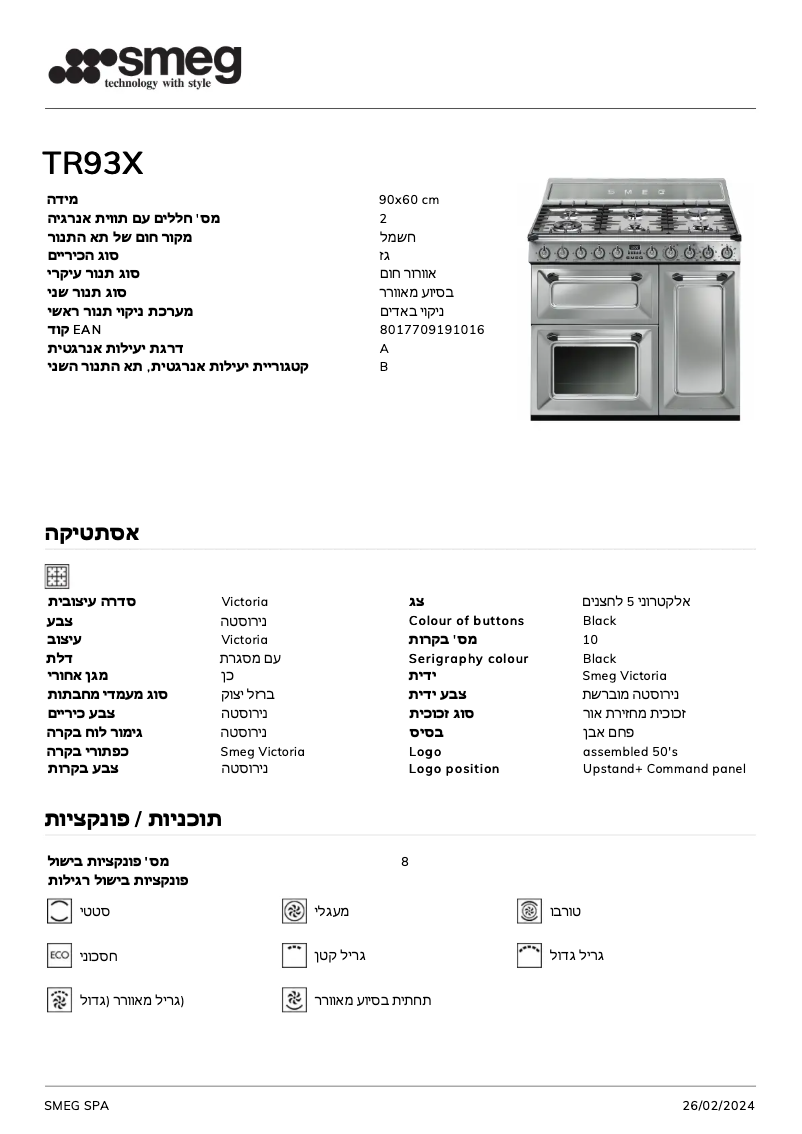 Page 1 de la notice Fiche technique Smeg TR93X