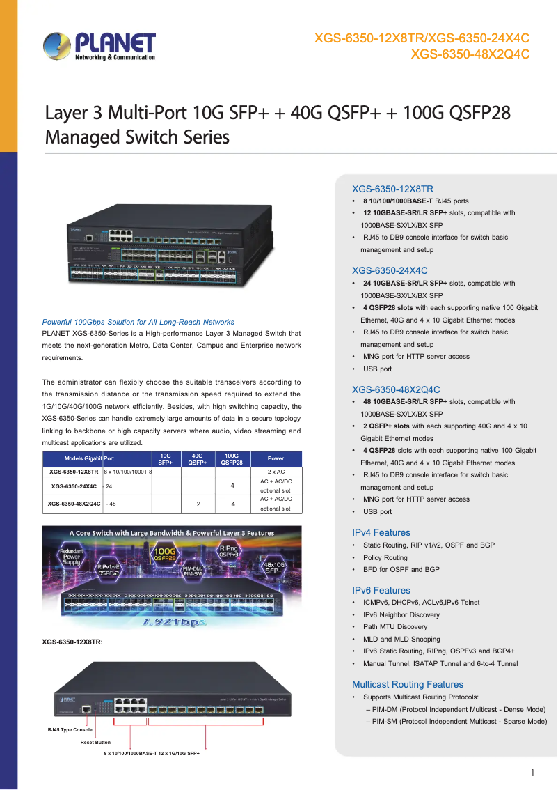Page 1 de la notice Fiche technique Planet XGS-6350-48X2Q4C