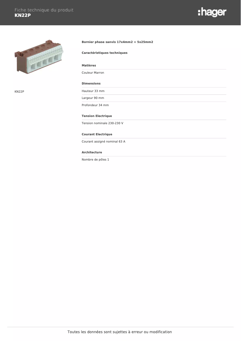 Page 1 de la notice Fiche technique Hager KN22P