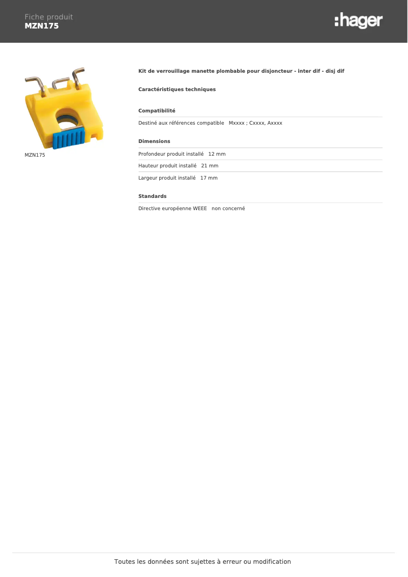 Page n°1 - Fiche technique Hager MZN175