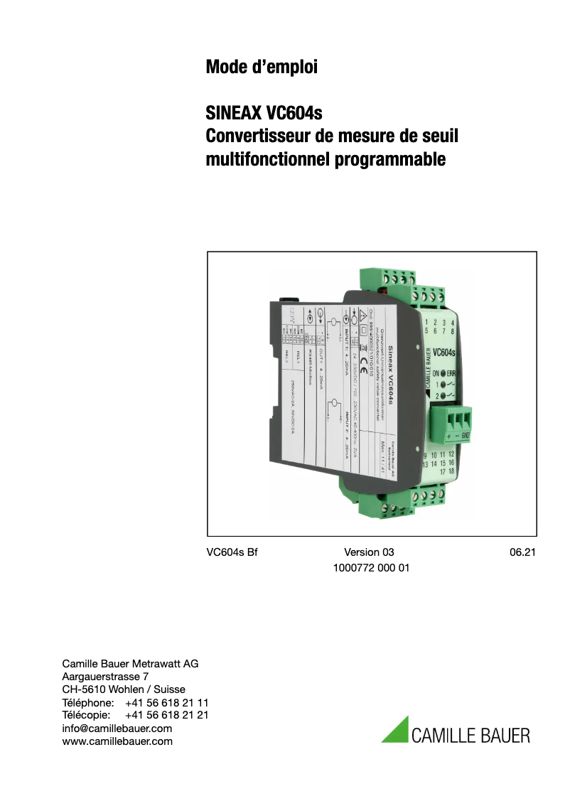 Page n°1 - Manuel utilisateur Camille Bauer SINEAX VC604s