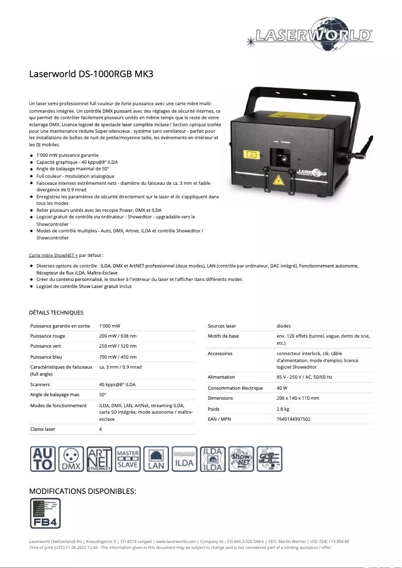 Page 1 de la notice Fiche technique Laserworld DS-1000RGB MK3