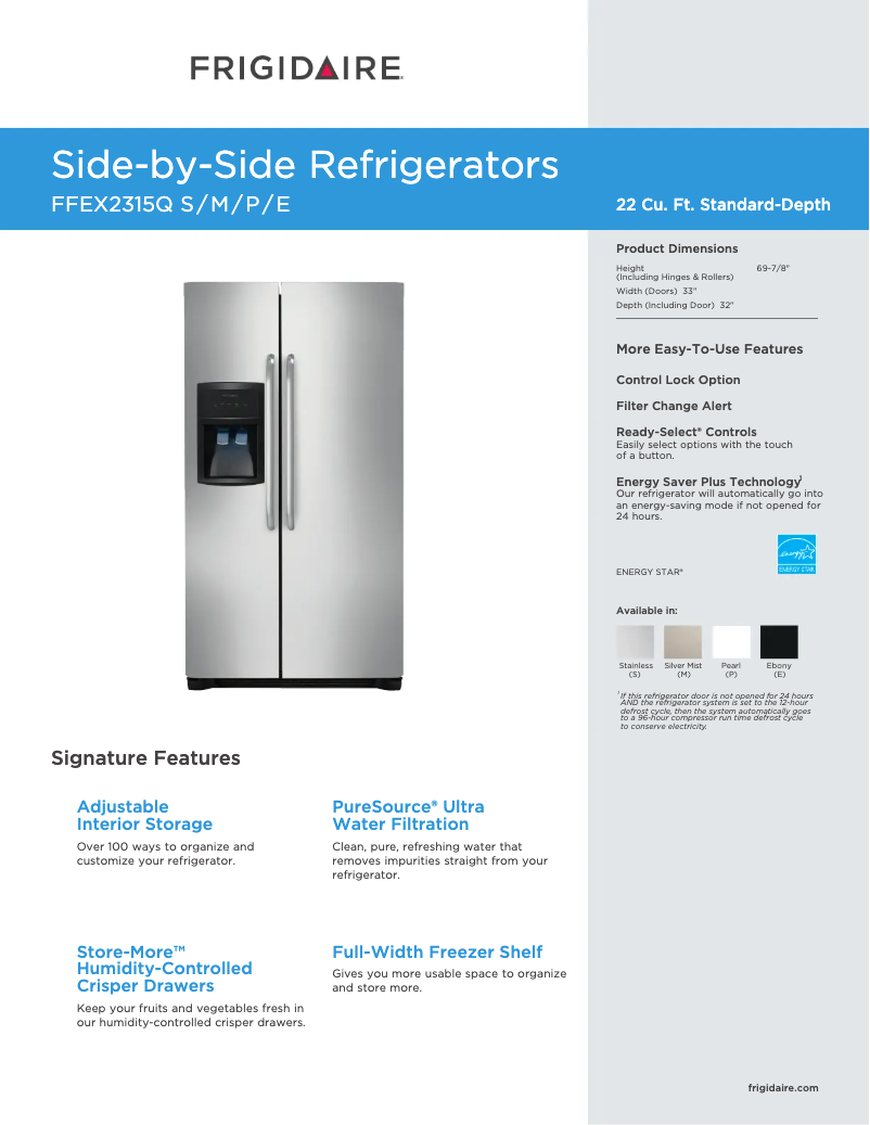Page 1 de la notice Fiche technique Frigidaire FFEX2315Q