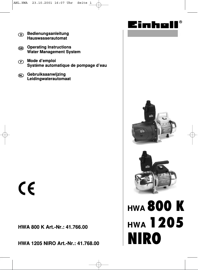 Image de la première page du manuel de l'appareil HWA 800 K