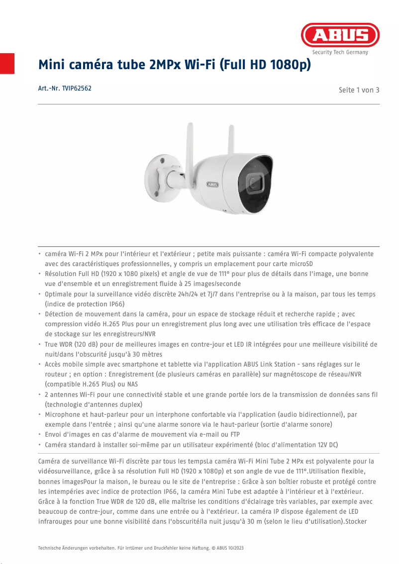 Page n°1 - Fiche technique Abus TVIP62562